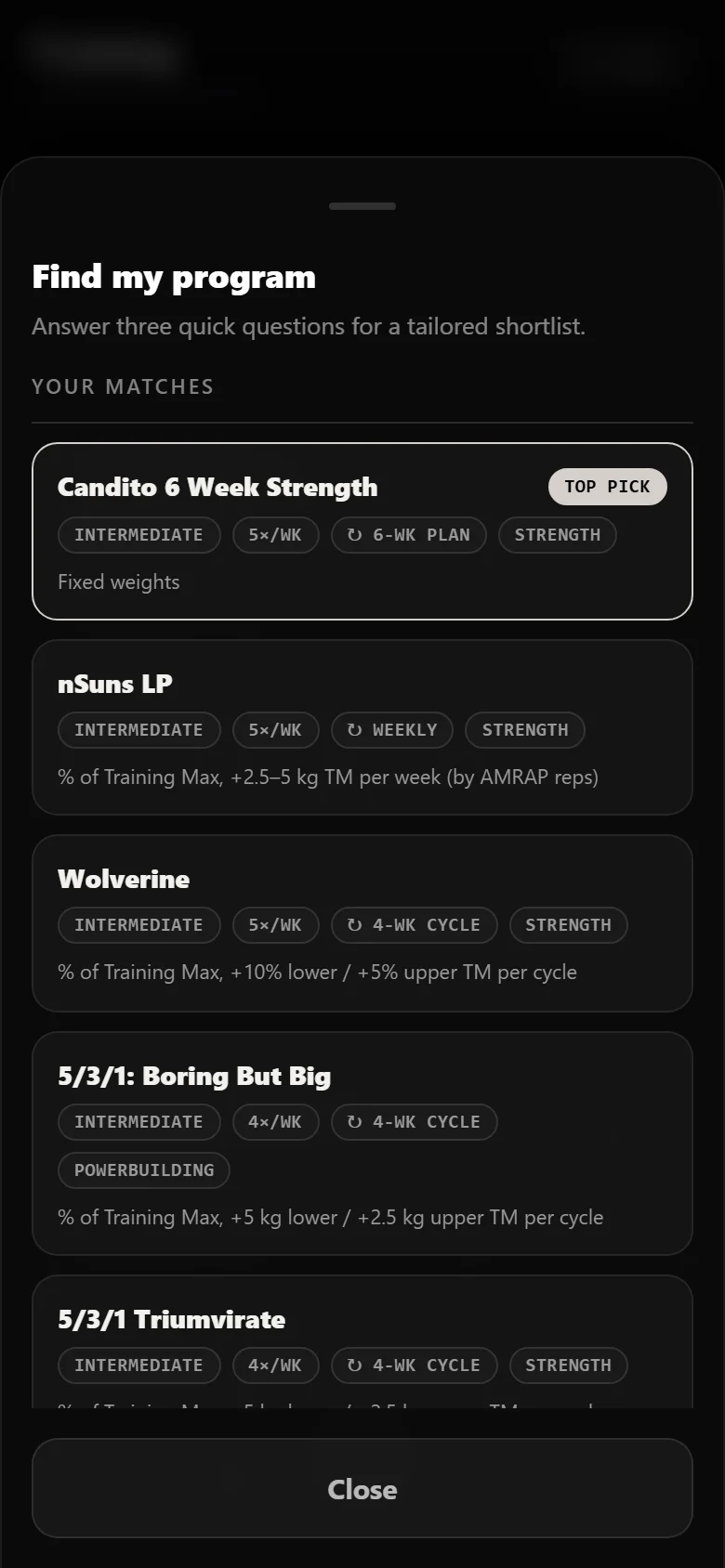 Durata finder results with Candito 6 Week Strength as the top match