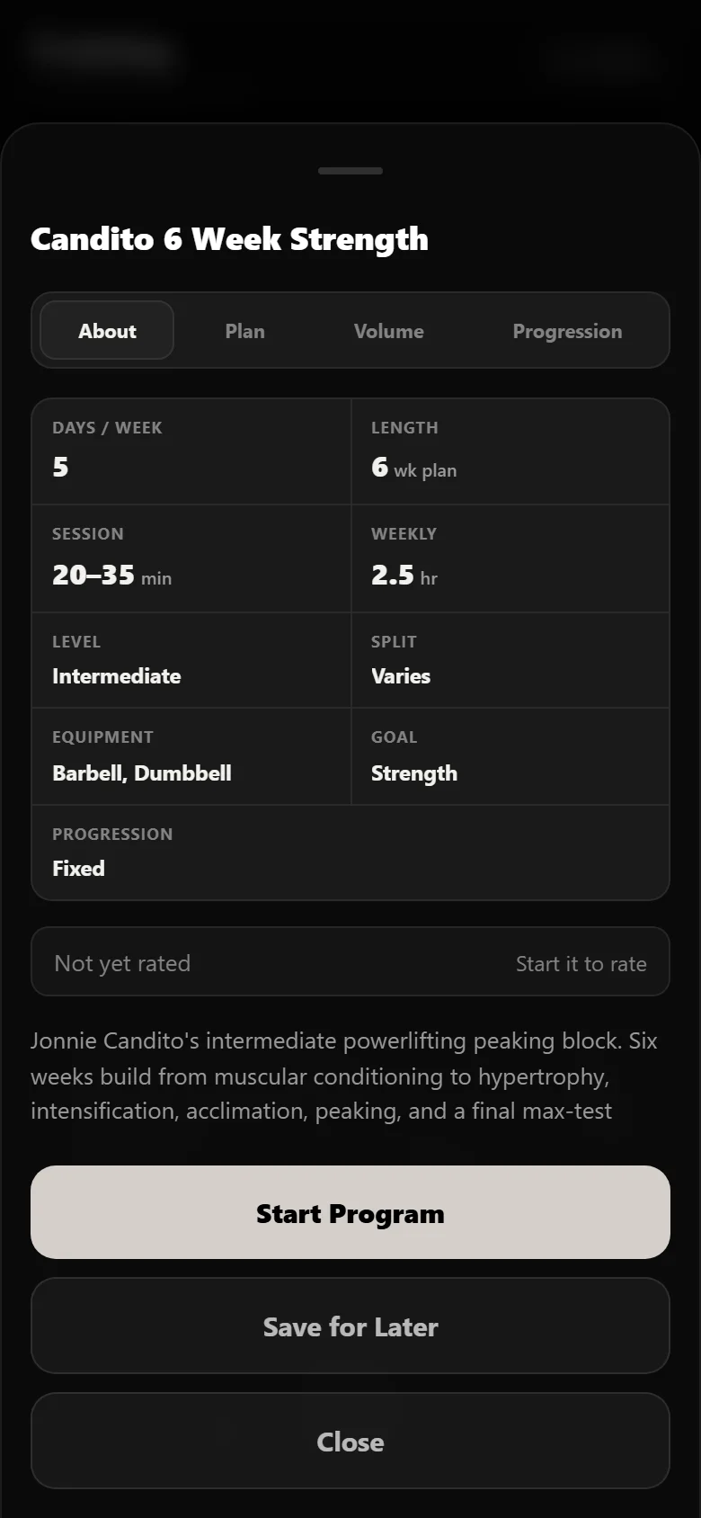 Candito 6 Week Strength program detail screen in Durata