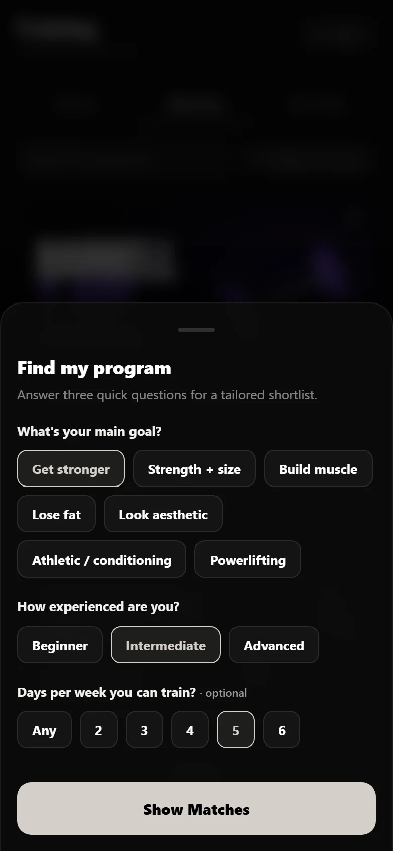 Durata program finder with goal, experience and days per week answered