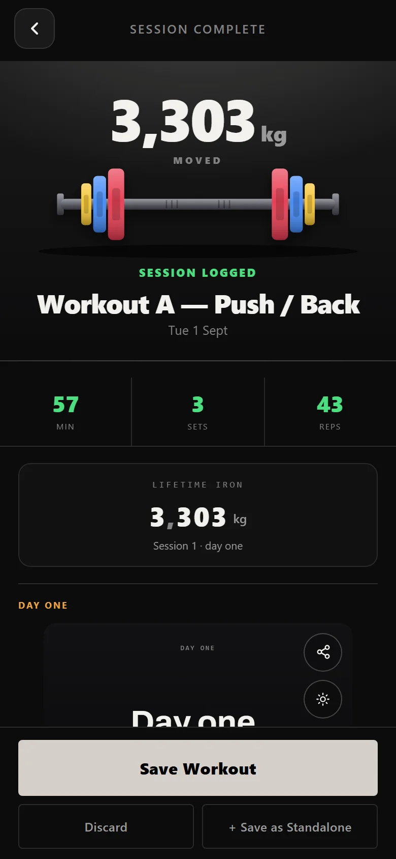 Durata session complete screen for a DoggCrapp workout