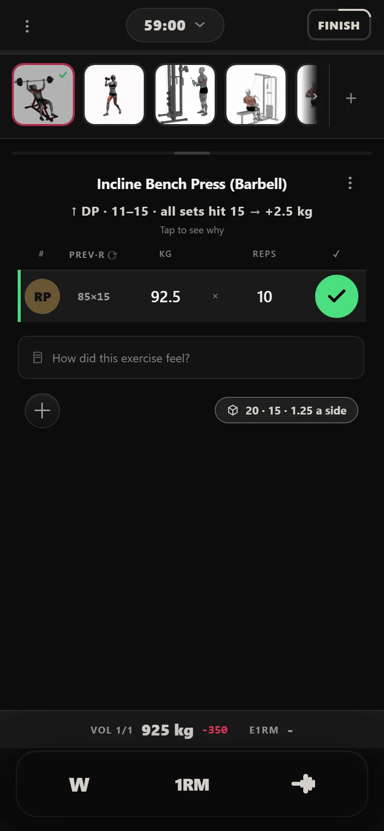 Durata logger showing a missed DoggCrapp working set at 92.5 kg