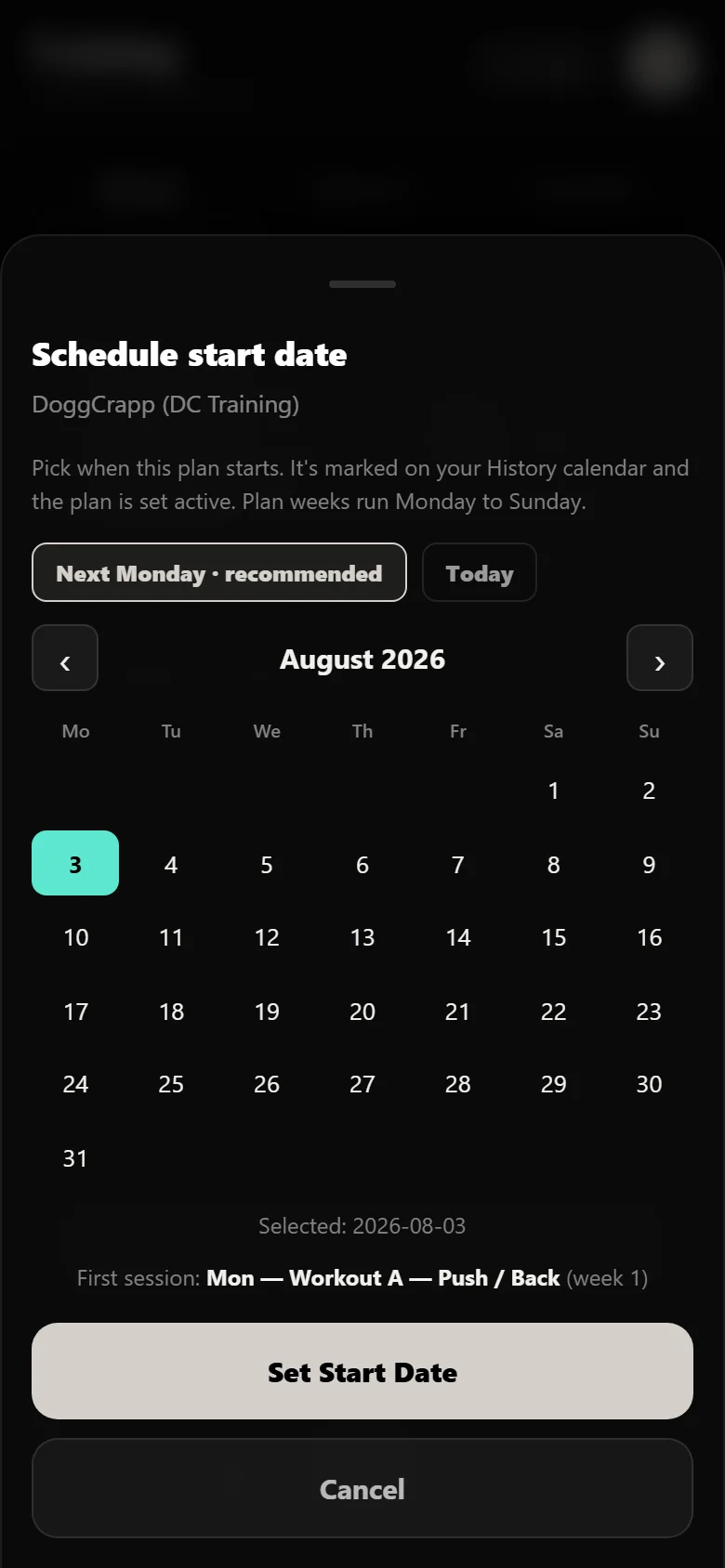 Choosing a start date for a DoggCrapp block in Durata