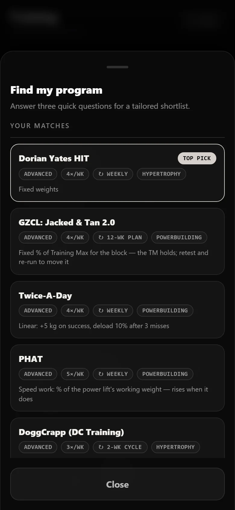 Durata finder results with Dorian Yates HIT as the top match