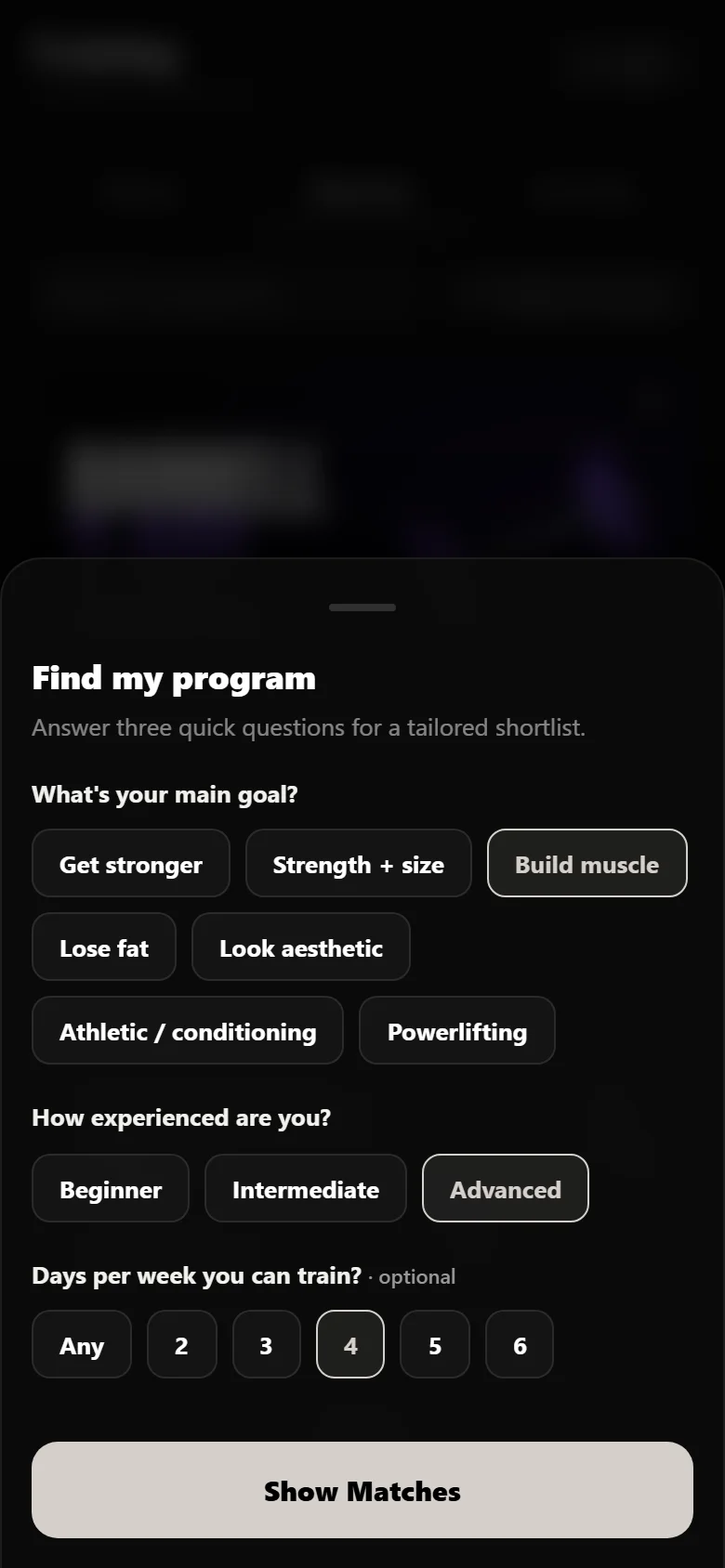 Durata program finder with goal, experience and days per week answered