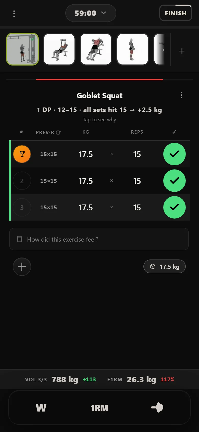 Goblet Squat at 17.5 kg in Durata