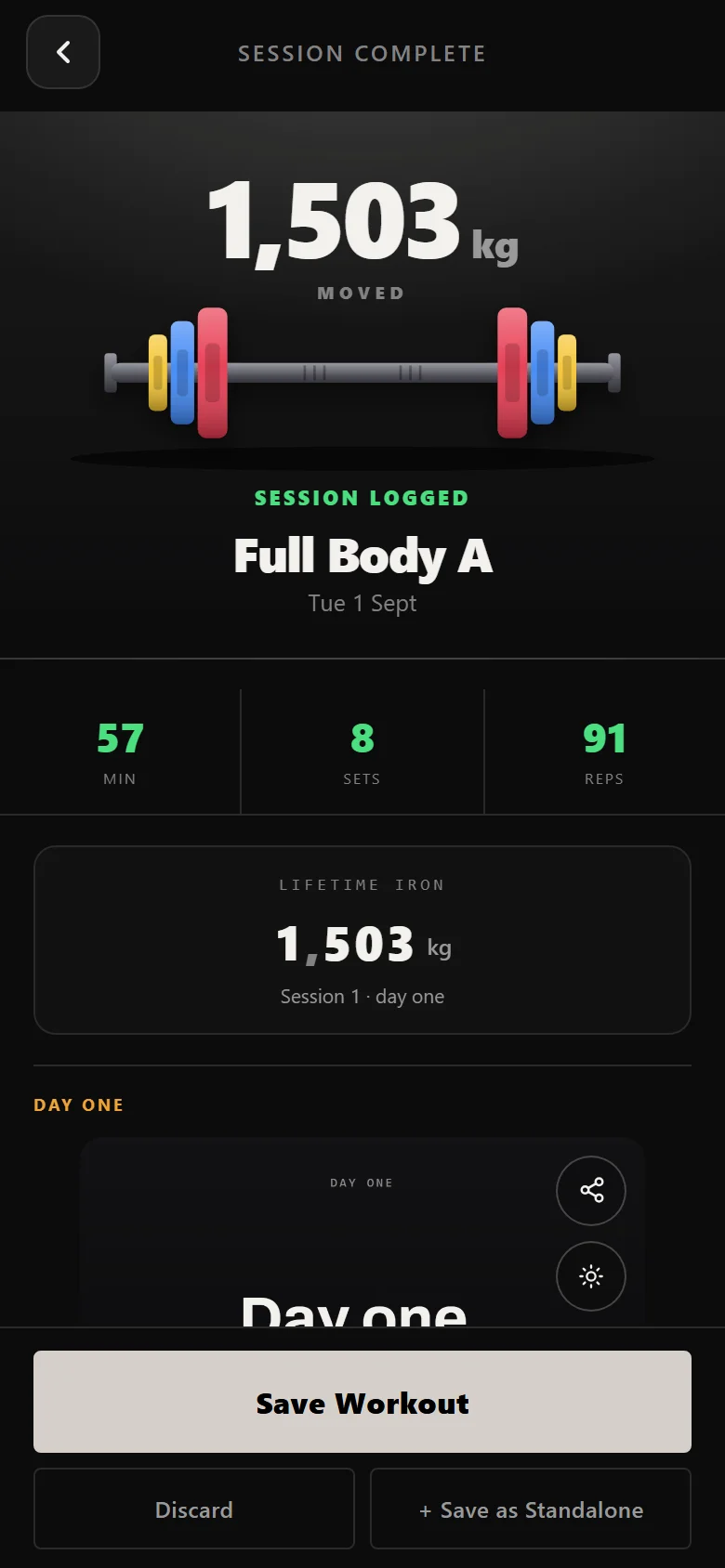 Durata session complete screen showing sets, reps and total volume