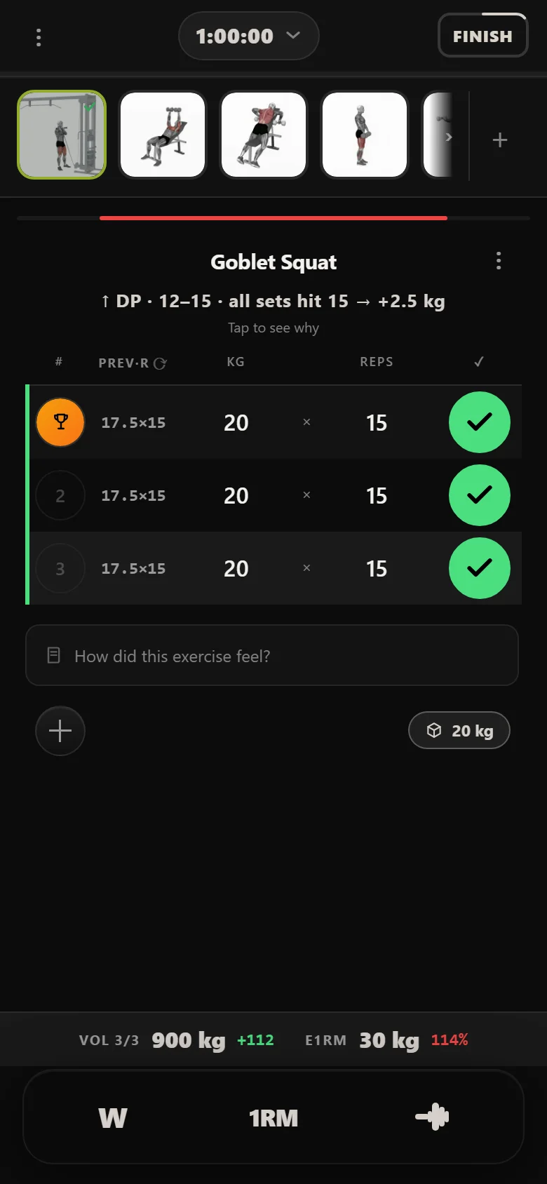 Durata logger: Goblet Squat at 20 kg