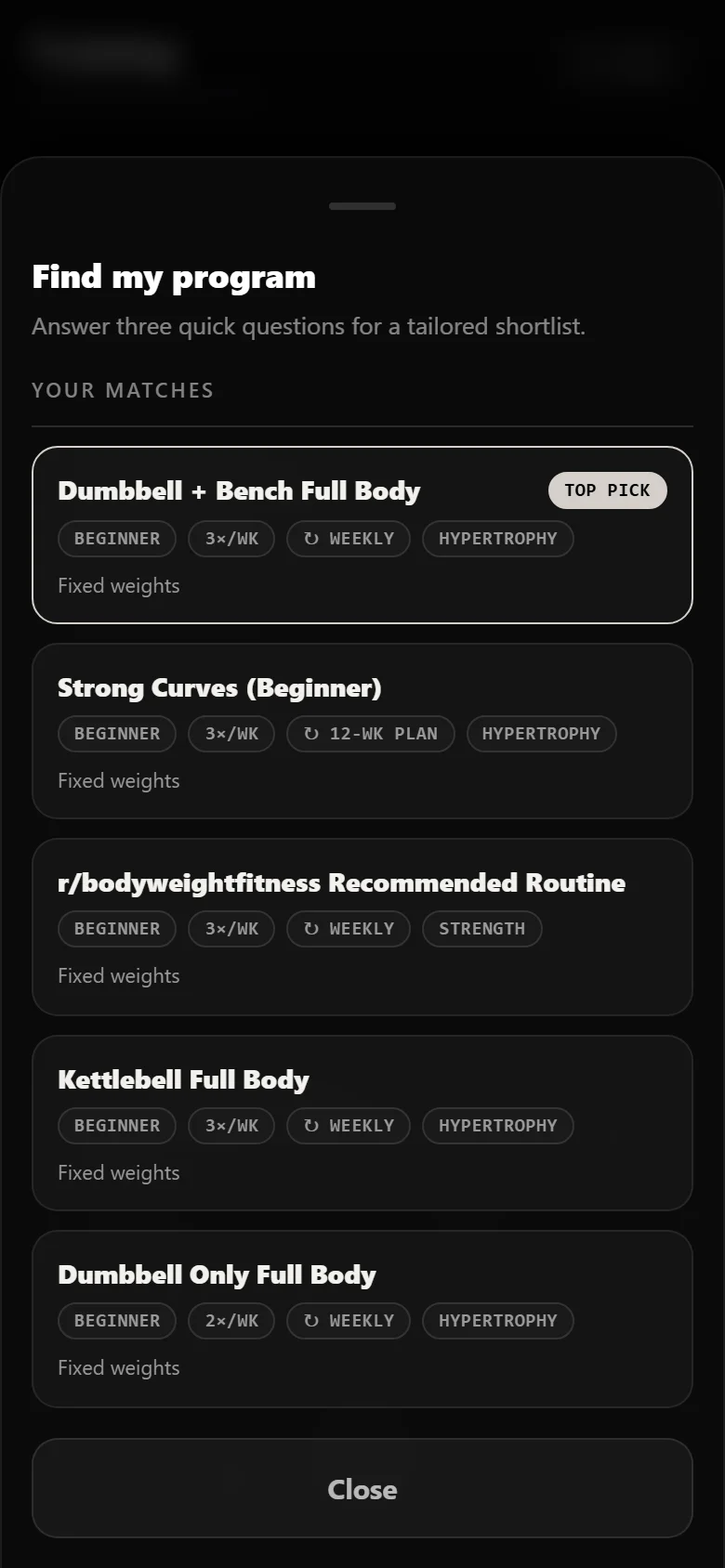 Durata finder results with Dumbbell + Bench Full Body as the top pick