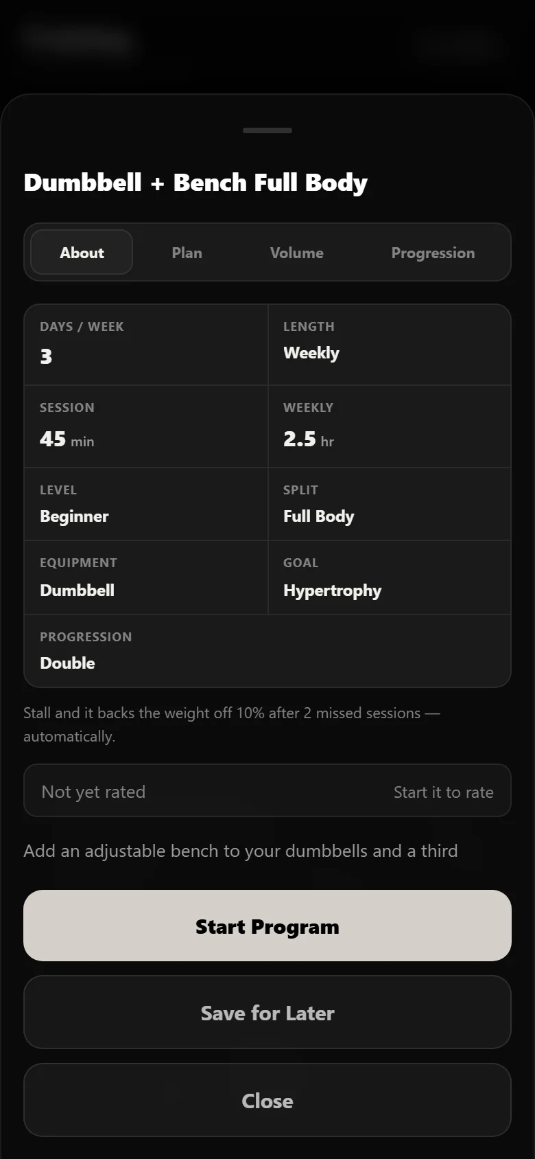 The Dumbbell + Bench Full Body program page in Durata showing the three training days