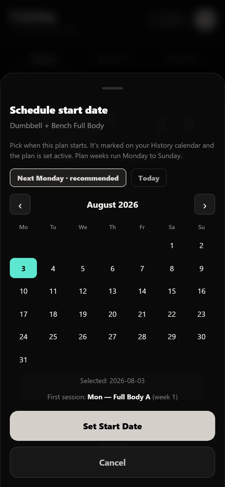 Scheduling the Dumbbell + Bench Full Body start date on the Durata calendar