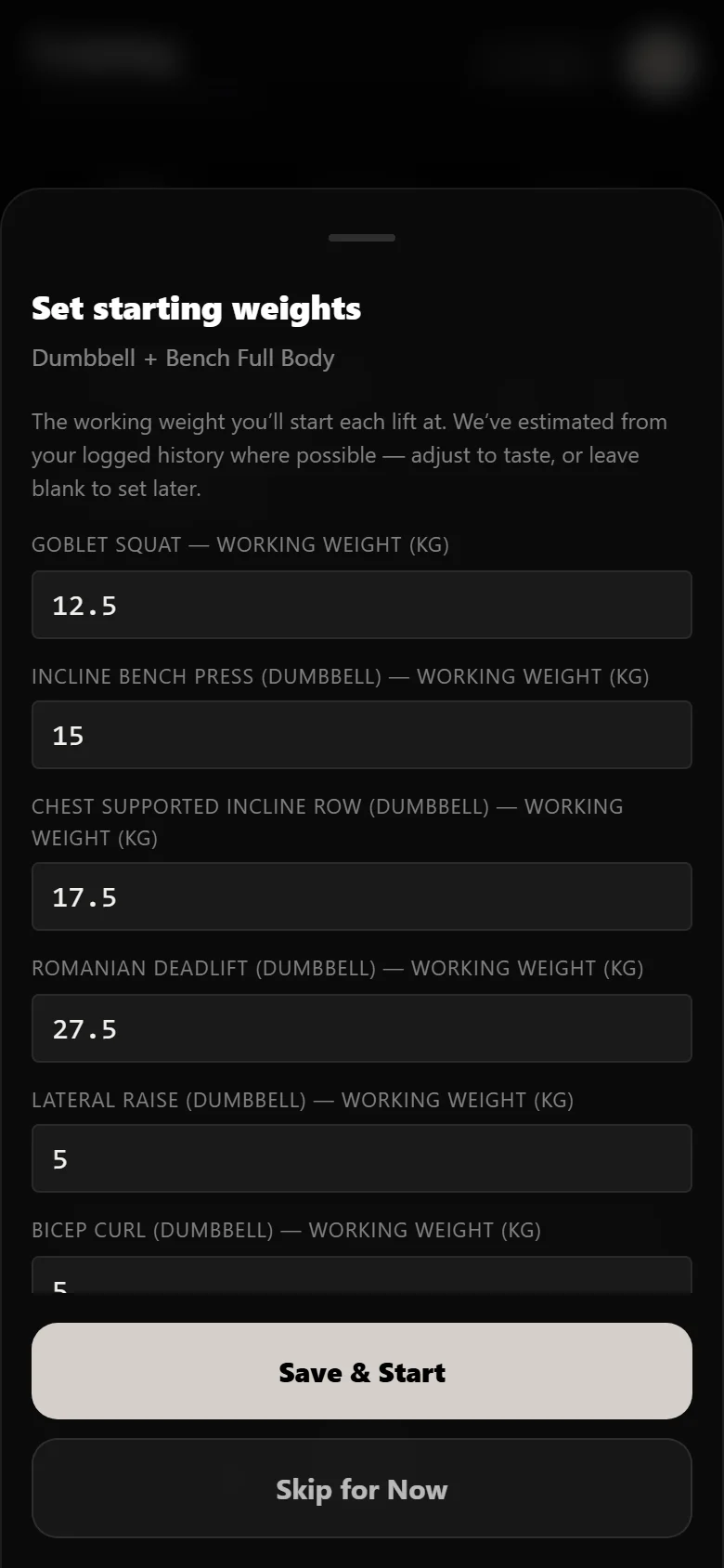 Setting starting weights when beginning Dumbbell + Bench Full Body in Durata