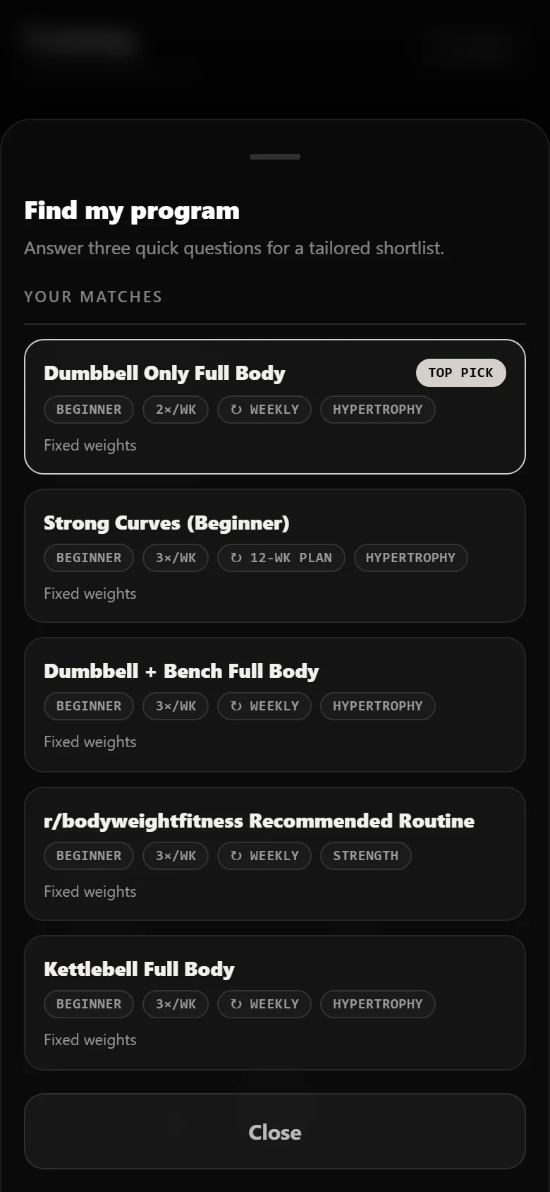 Durata finder results with Dumbbell Only Full Body as the top pick