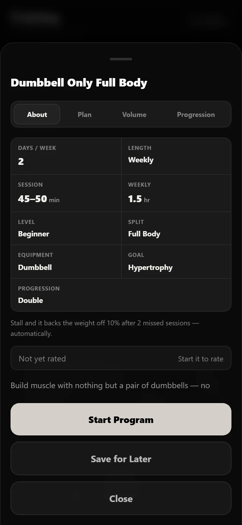The Dumbbell Only Full Body program page in Durata showing the two training days
