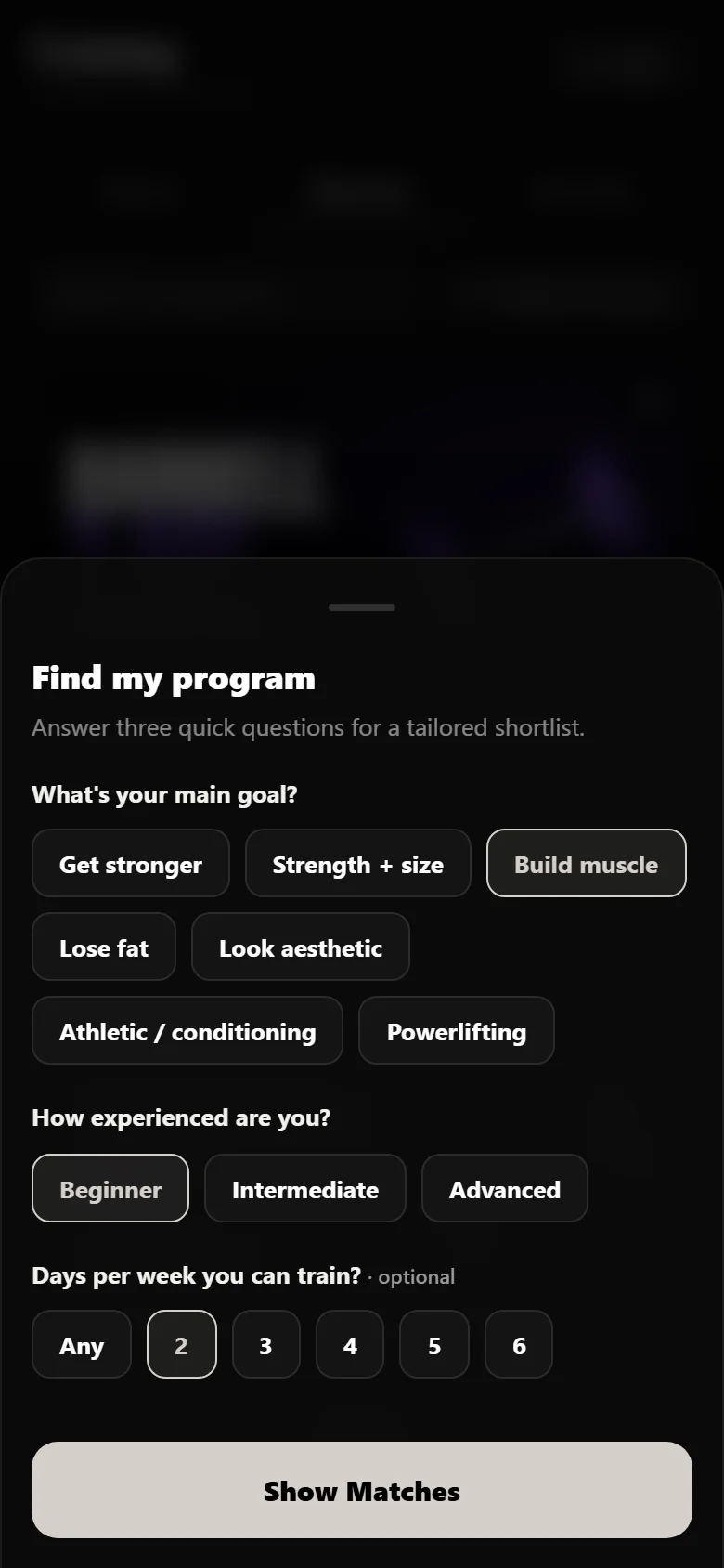 Durata find-my-program quiz with goal, experience and days per week answered