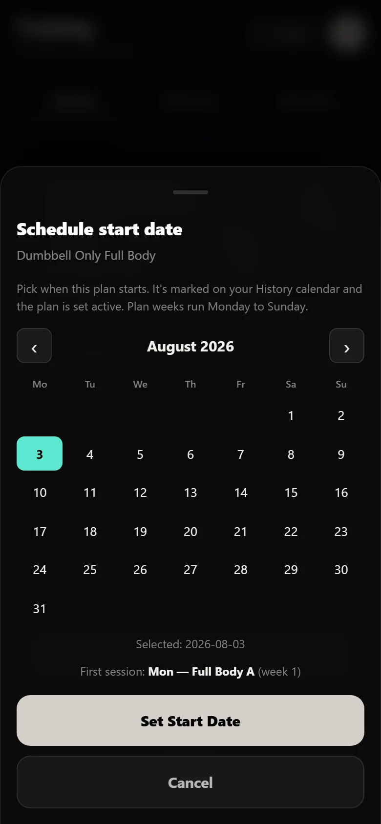 Scheduling the Dumbbell Only Full Body start date on the Durata calendar
