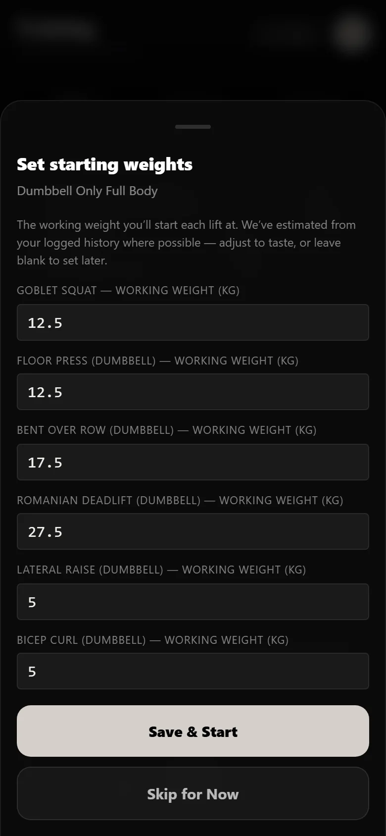 Setting starting weights when beginning Dumbbell Only Full Body in Durata