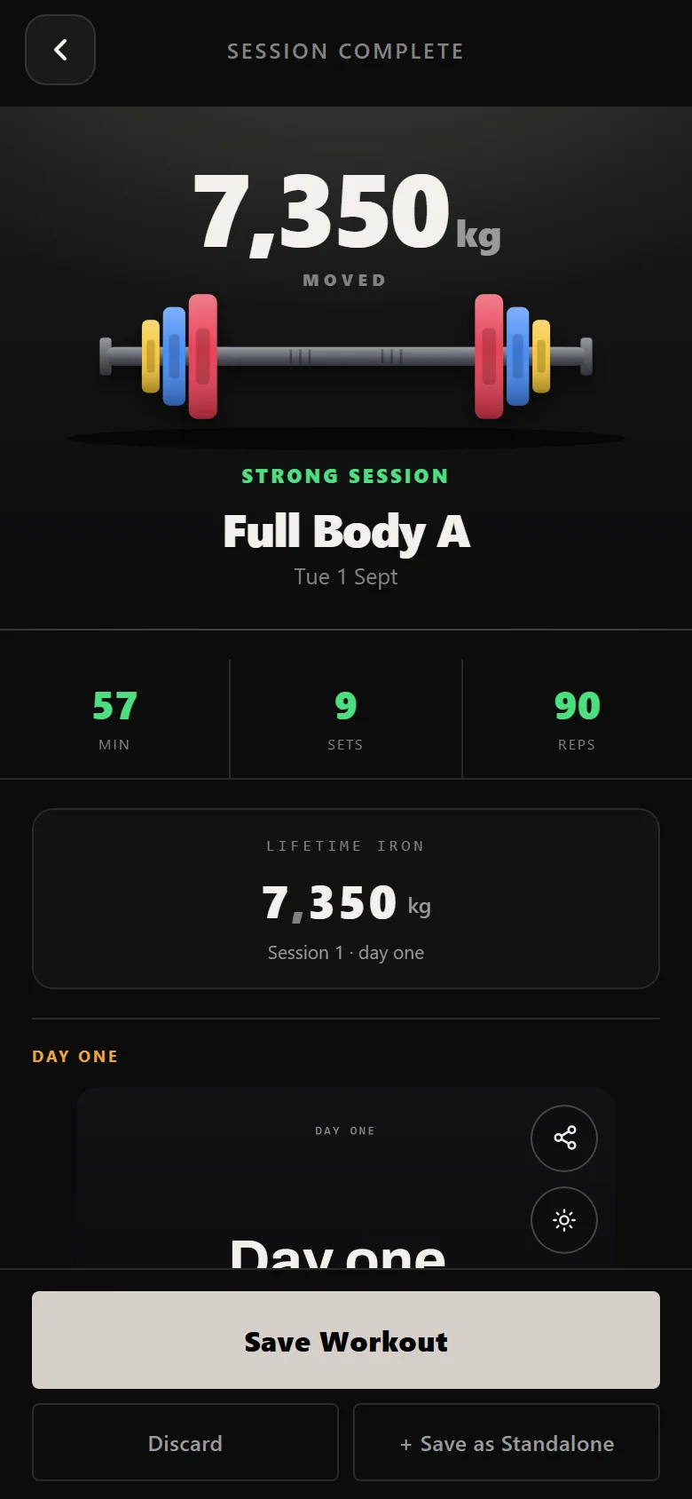 Durata session complete screen for a full-body cut workout