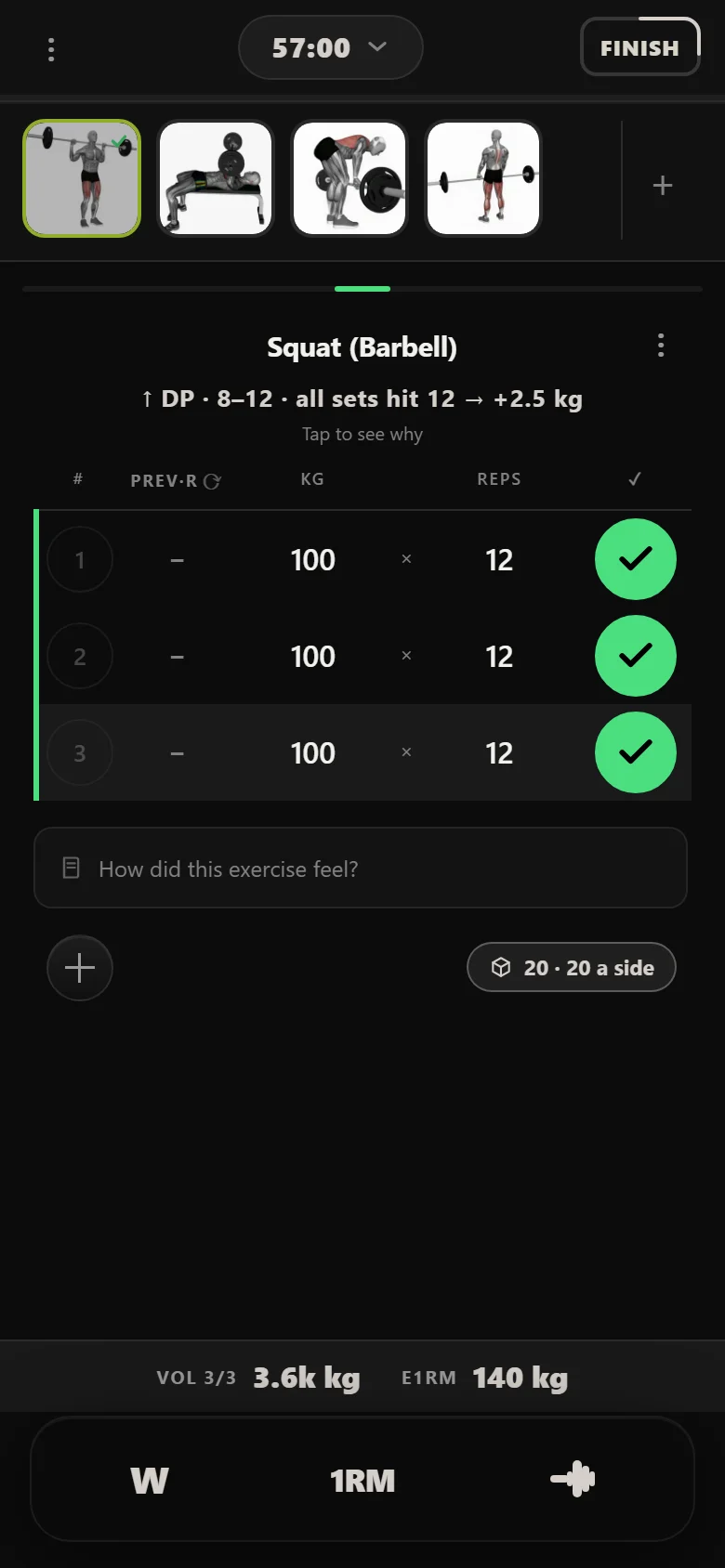 28-Day Shred squat session in Durata: 3 sets of 12 at 100 kg with the double-progression chip visible