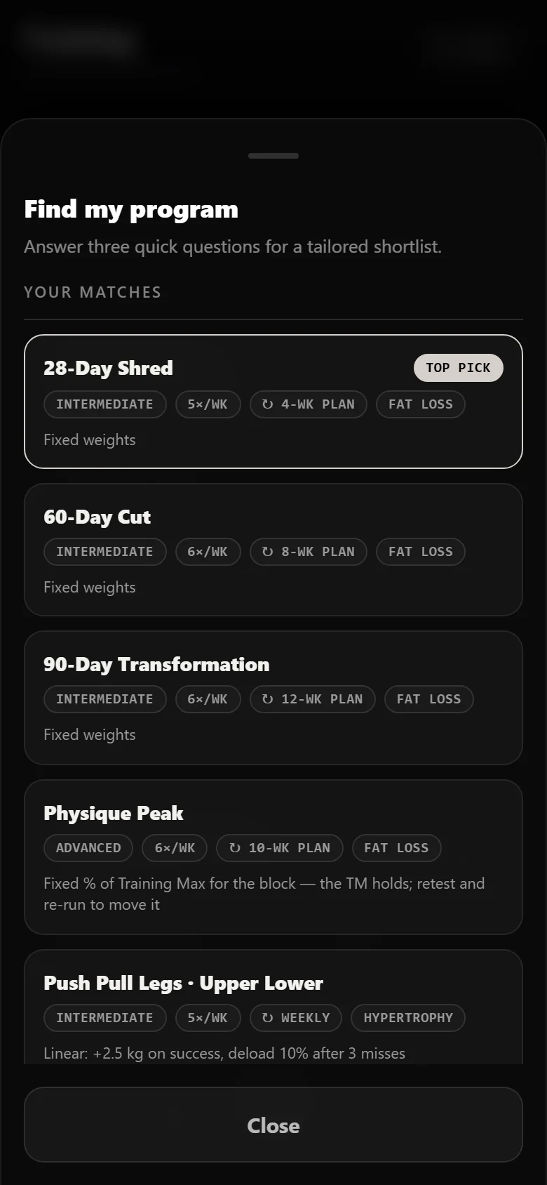 Durata finder results for a fat-loss profile