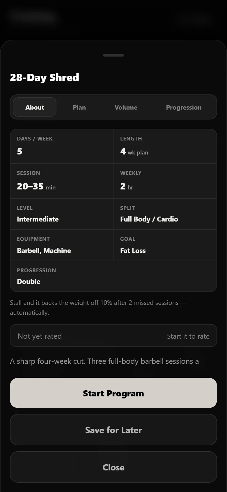 The 28-Day Shred program page in Durata showing the full-body split and cardio days