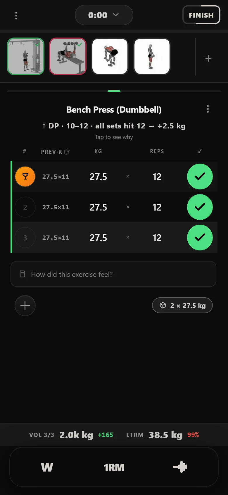 Durata logger showing a double-progression accessory at 27.5 kg in a 10 to 12 rep range