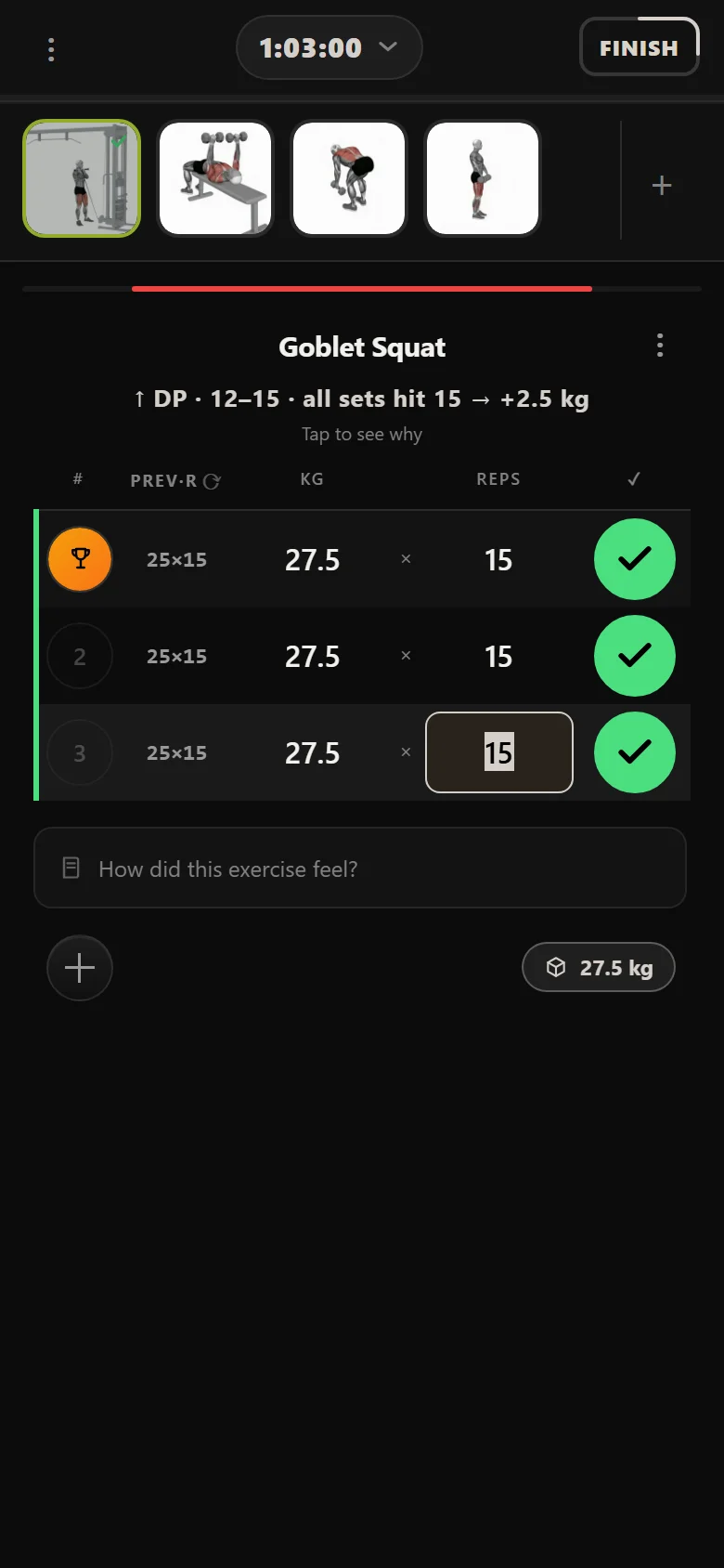 Goblet Squat at 27.5 kg mid-block in Durata, with the previous week's 25 kg alongside
