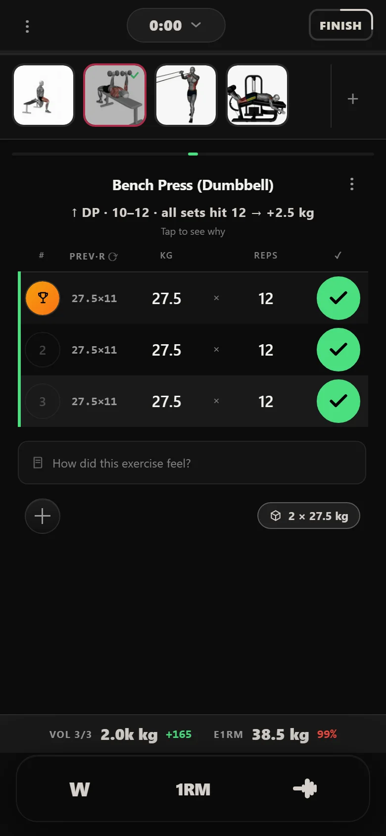 Durata logger showing a double-progression accessory at 27.5 kg in a 10 to 12 rep range