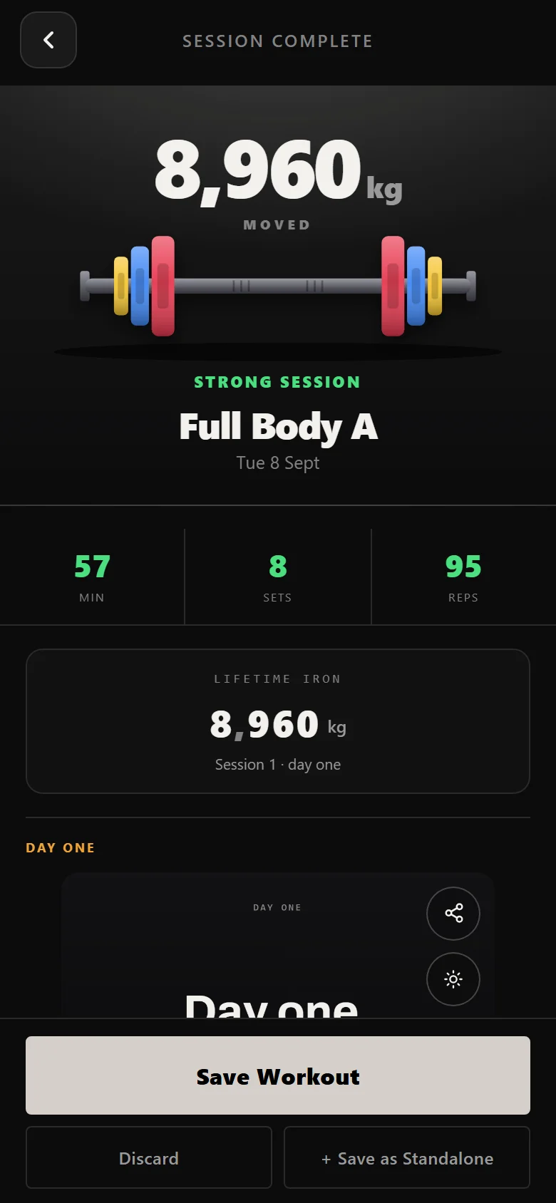 Durata session complete screen showing 8 sets, 95 reps and 8960 kg of volume