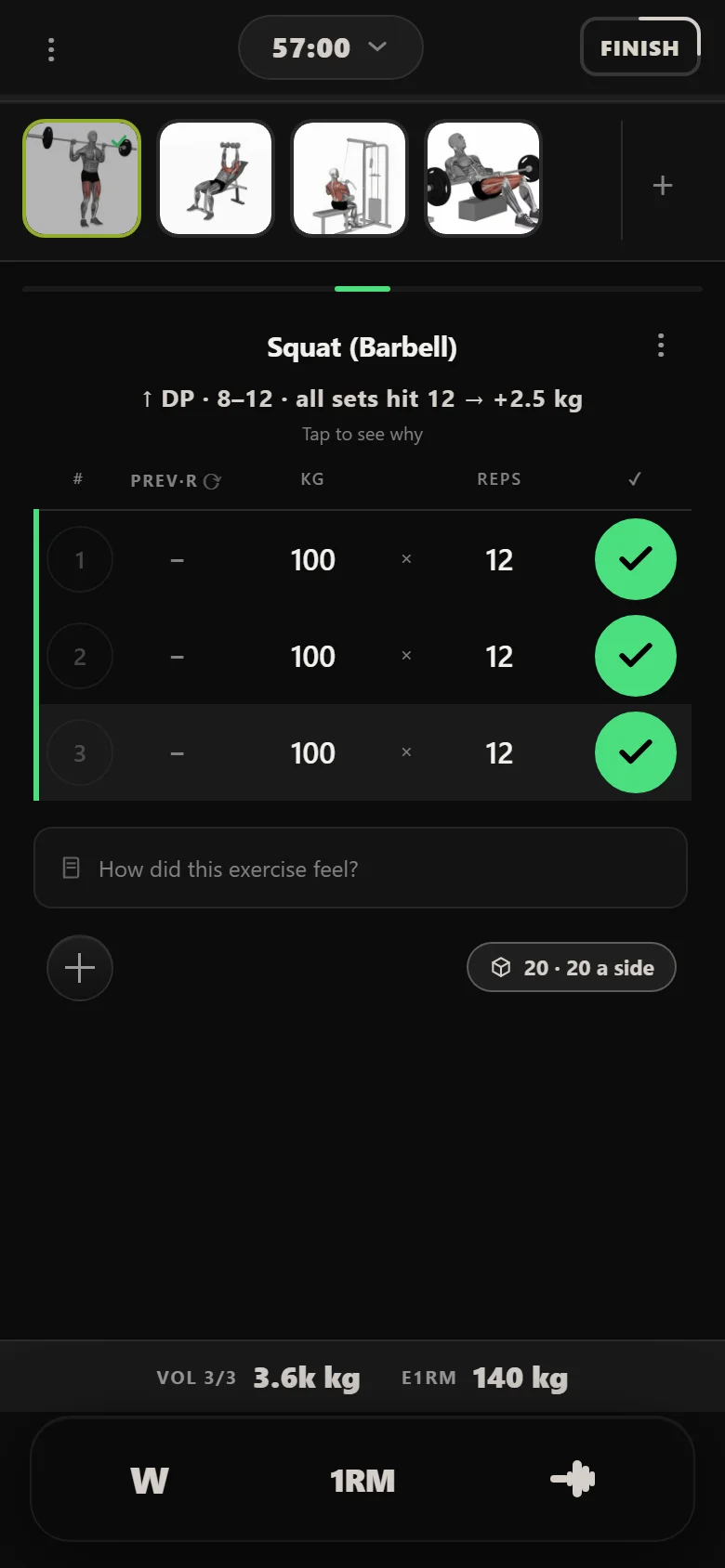 Barbell squat session in Durata at 100 kg with an 8 to 12 rep target