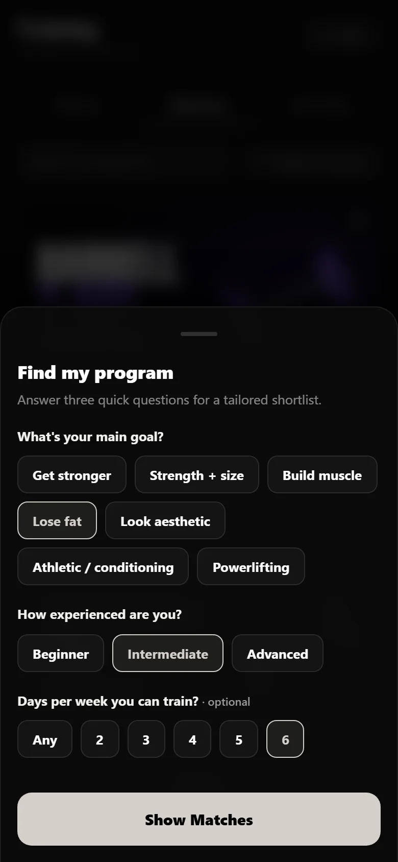 Durata find-my-program quiz answered for a fat-loss profile
