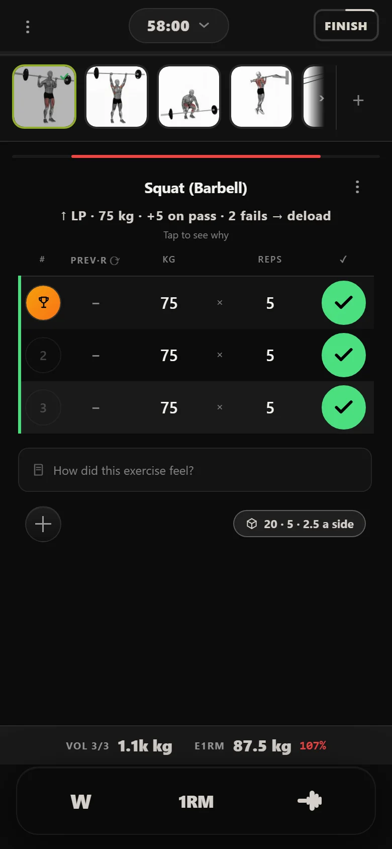 Squat at 75 kg for three sets of five after four sessions of linear progression in Durata