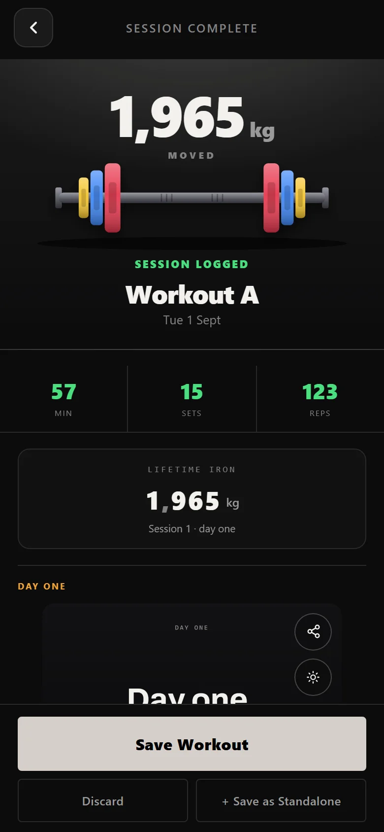 Durata session complete screen for a Fierce 5 full-body session