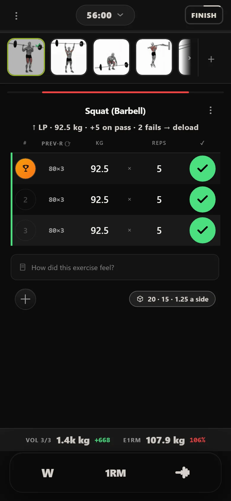 Durata logger: squat at 92.5 kg for three sets of five on the last session of the block