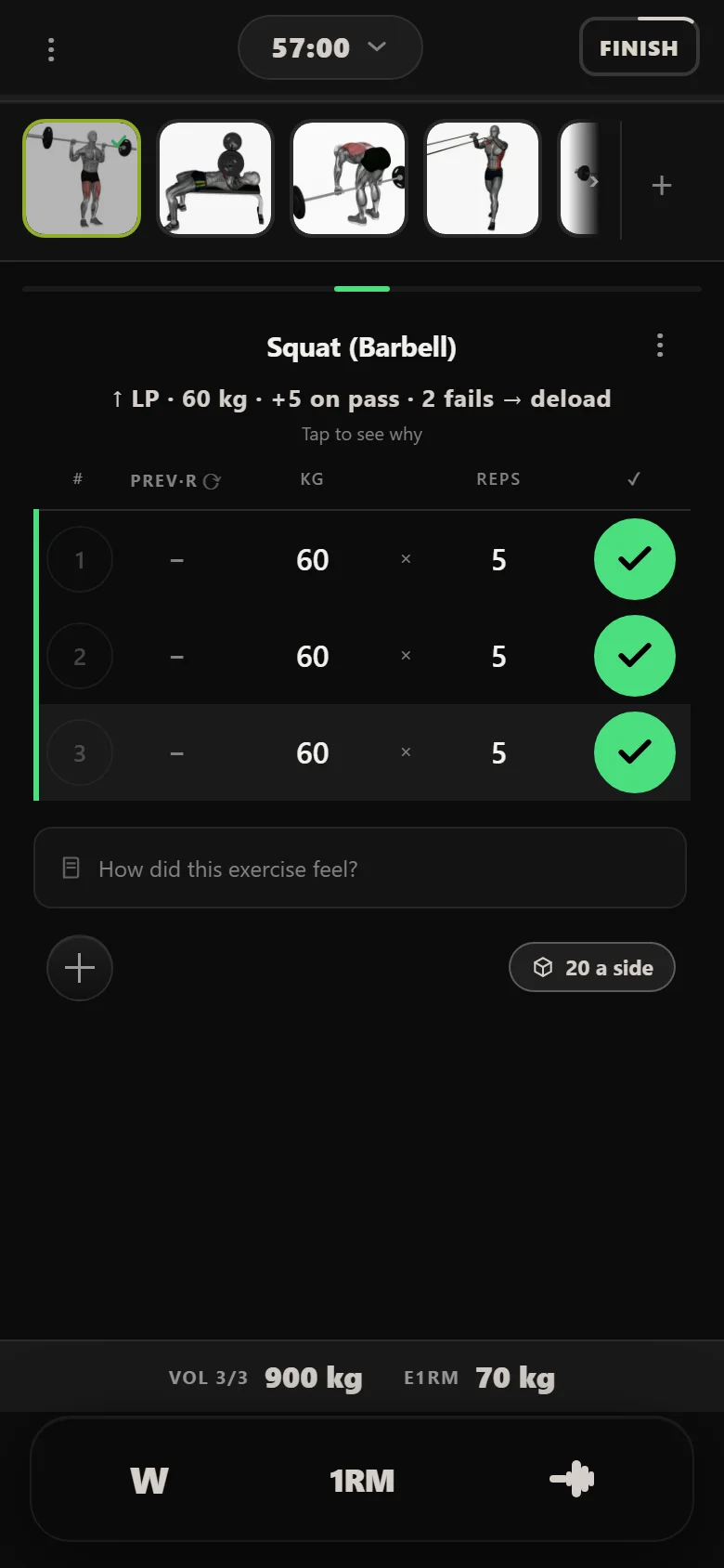 Squat session in Durata at 60 kg for three sets of five with the LP rule chip visible