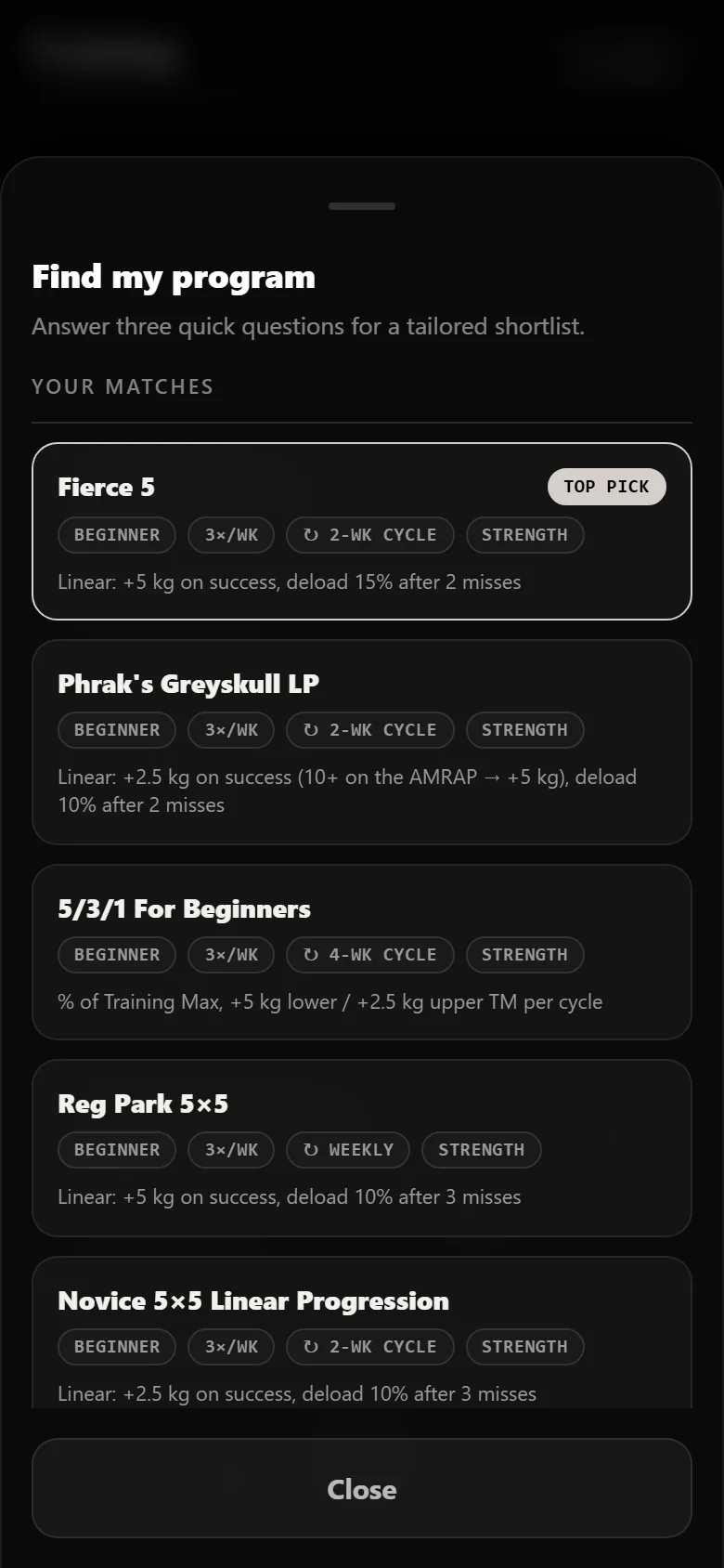 Durata finder results with Fierce 5 as the top pick