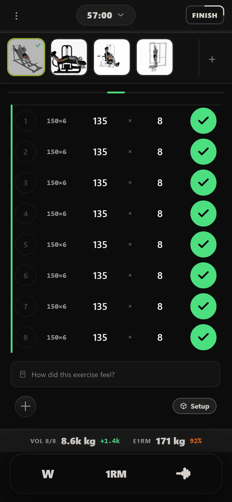 Hack Squat (Machine) cut to 135 kg in Durata after two missed sessions