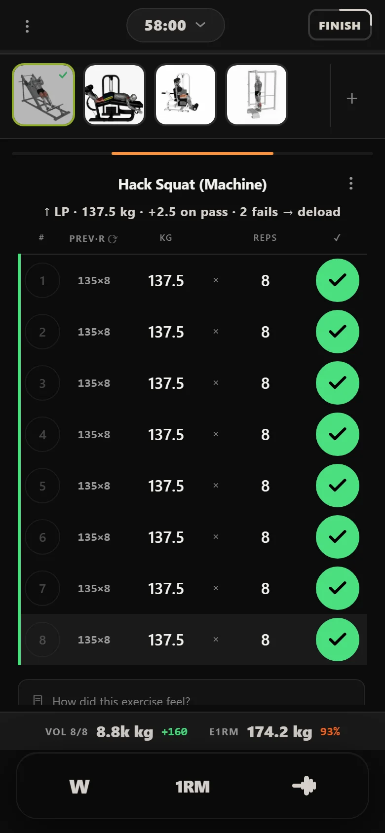 Durata logger: Hack Squat (Machine) at 137.5 kg
