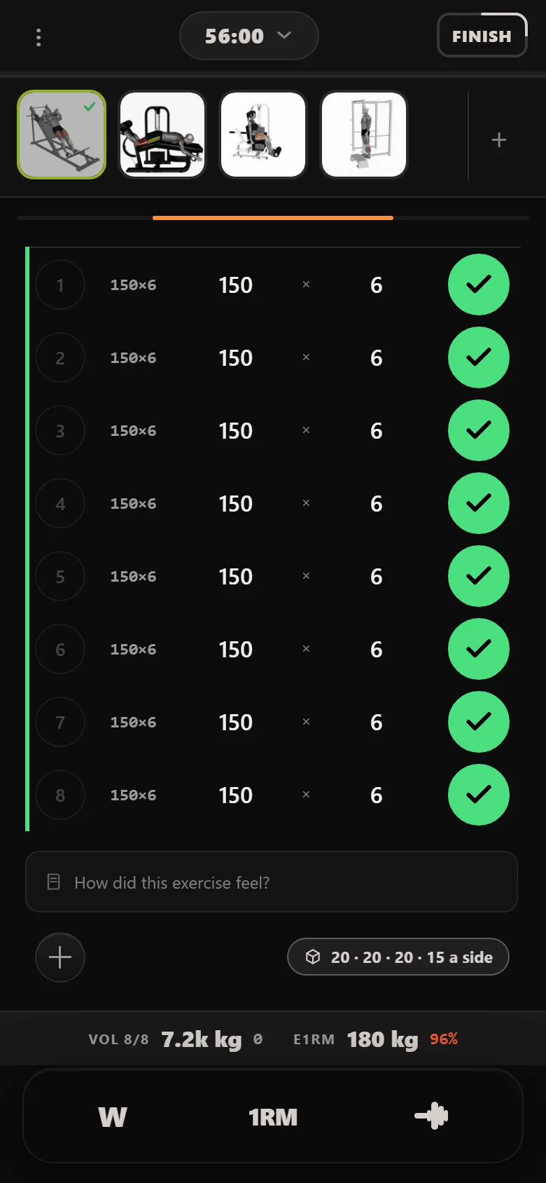 Hack Squat (Machine) at 150 kg in Durata with short working sets