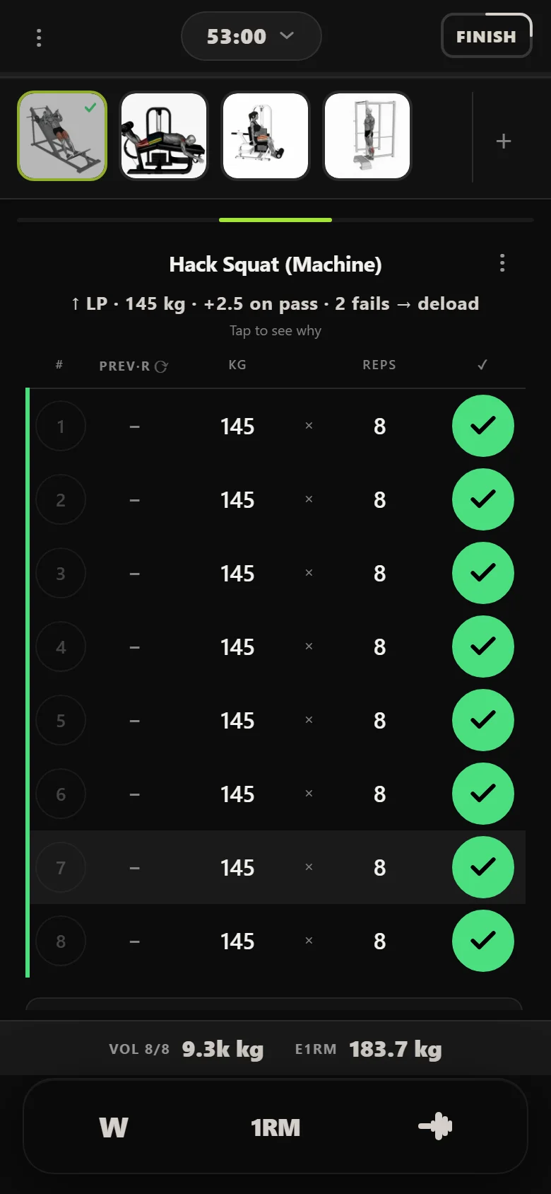 Hack Squat (Machine) at 145 kg in Durata with eight sets of eight prescribed