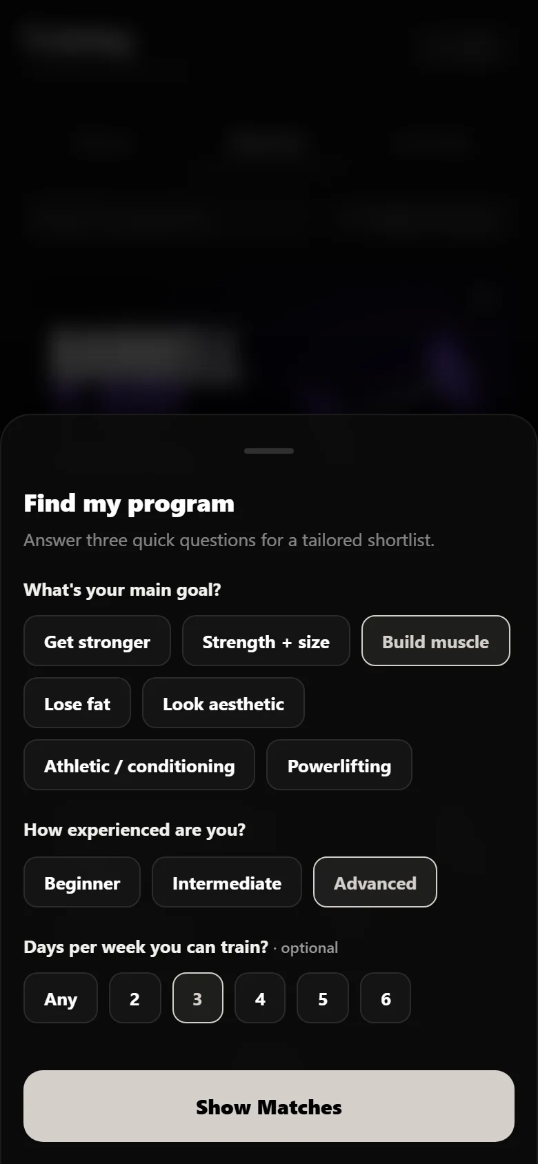 Durata program finder with goal, experience and days per week answered