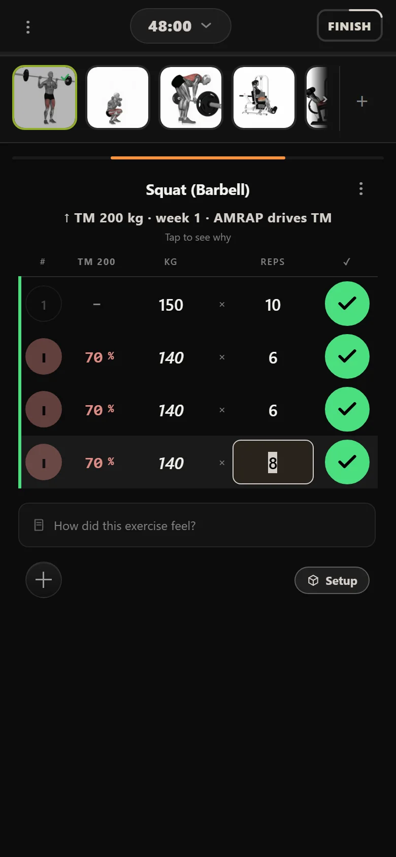 Durata logger showing the Tier 1 squat top set at 150 kg with drop sets at 140 kg