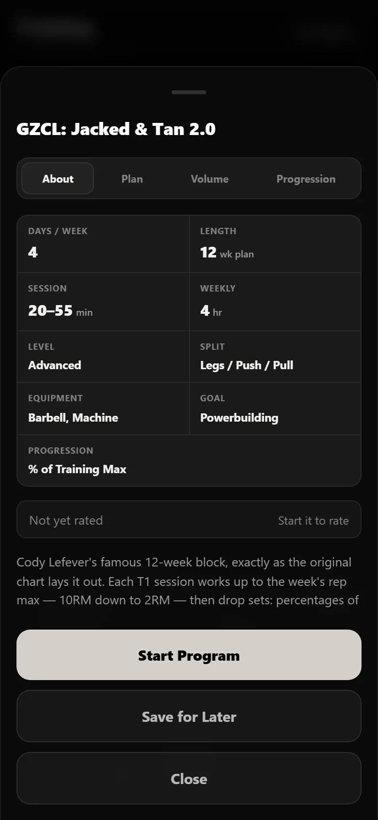 GZCL: Jacked and Tan 2.0 program detail page in Durata
