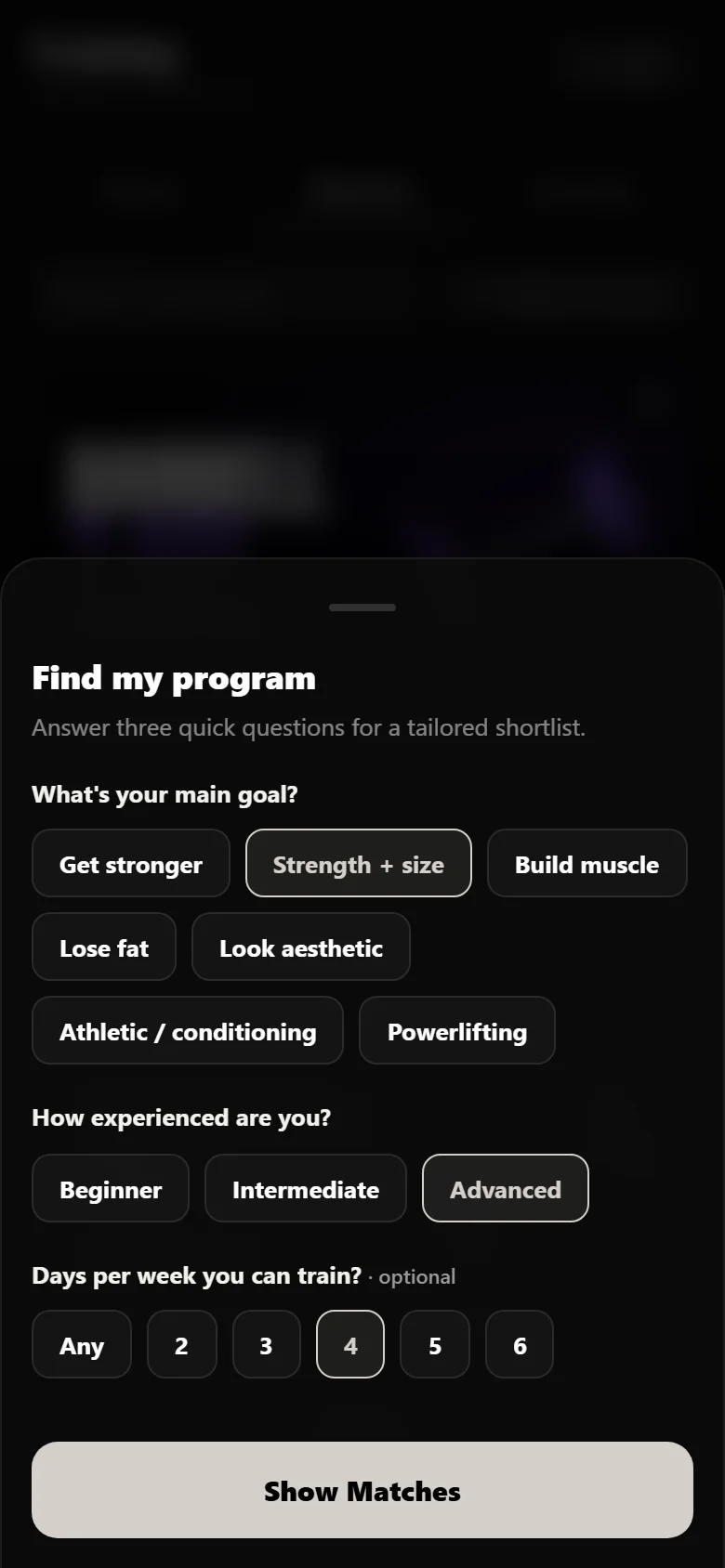 Durata program finder with goal, experience and days per week answered