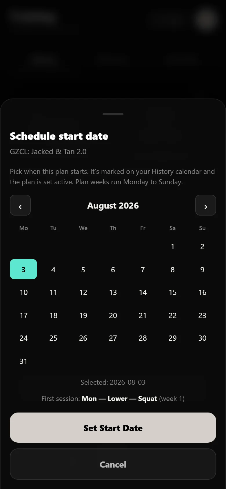 Durata start date picker for the block