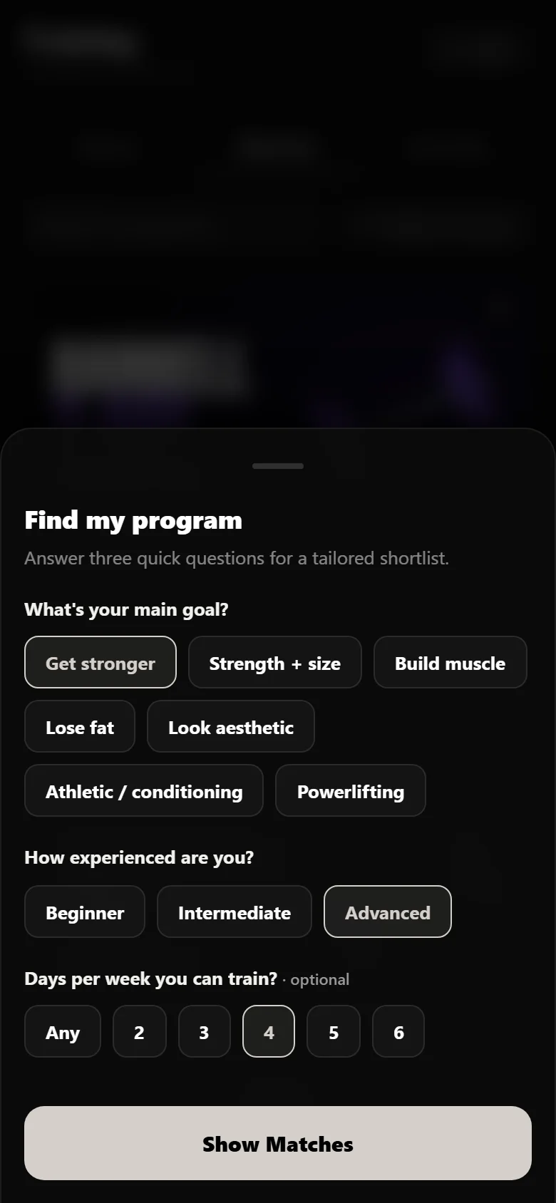 Durata find-my-program quiz with get stronger, advanced and 4 days selected
