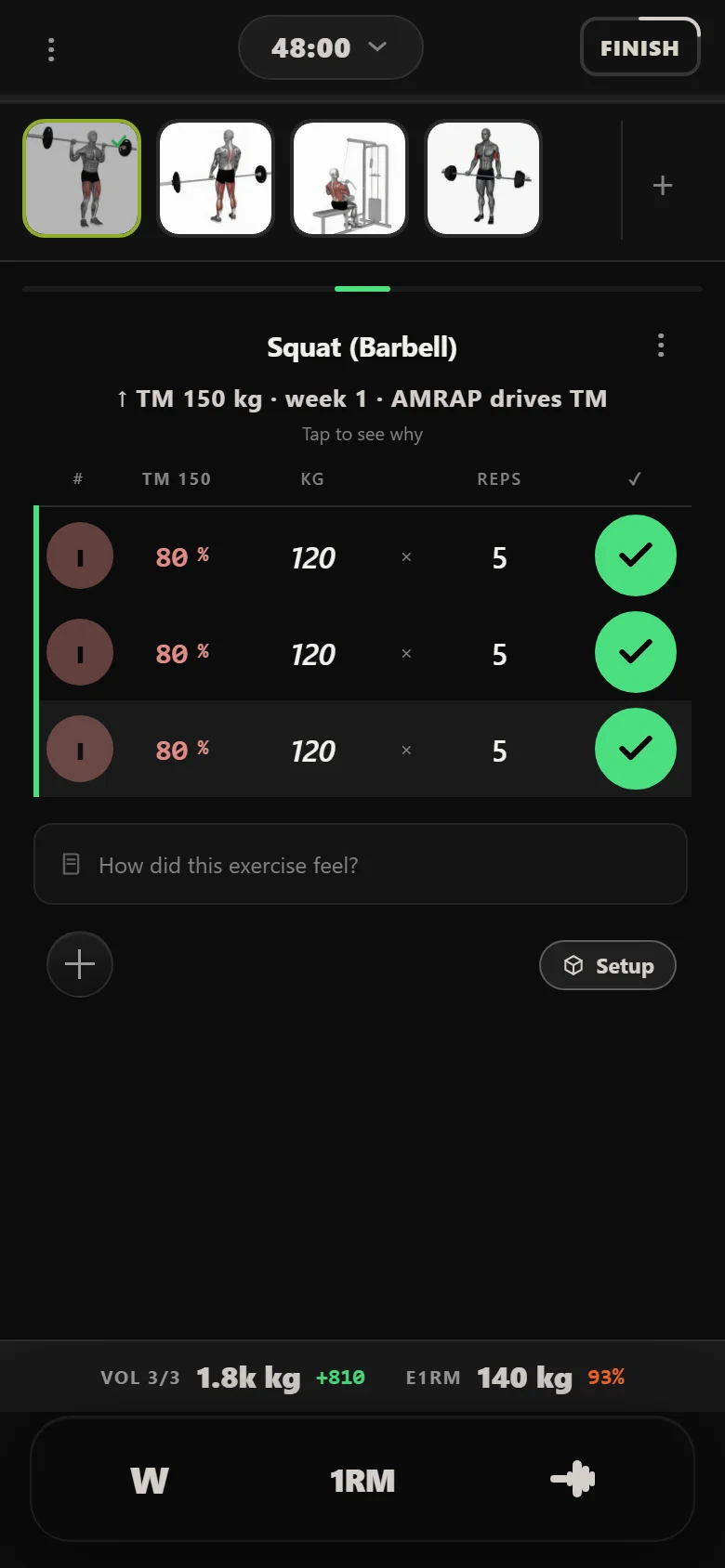 The Rippler week 1 squat in Durata: 3 by 5 at 80 percent