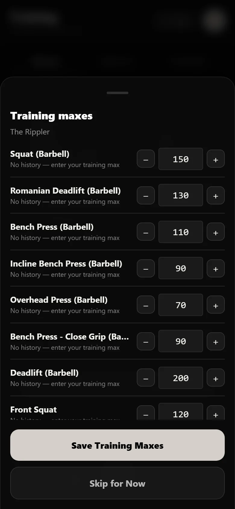 Setting training maxes to true 1RMs when starting The Rippler