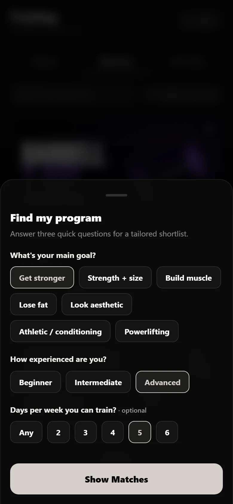 Durata program finder with goal, experience and days per week answered