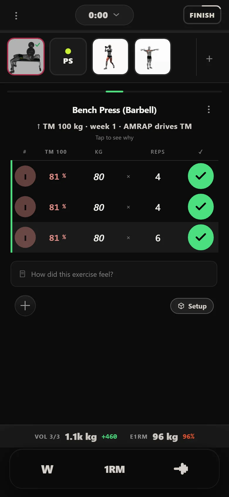 Durata logger: Bench Press (Barbell) triples at 80 kg