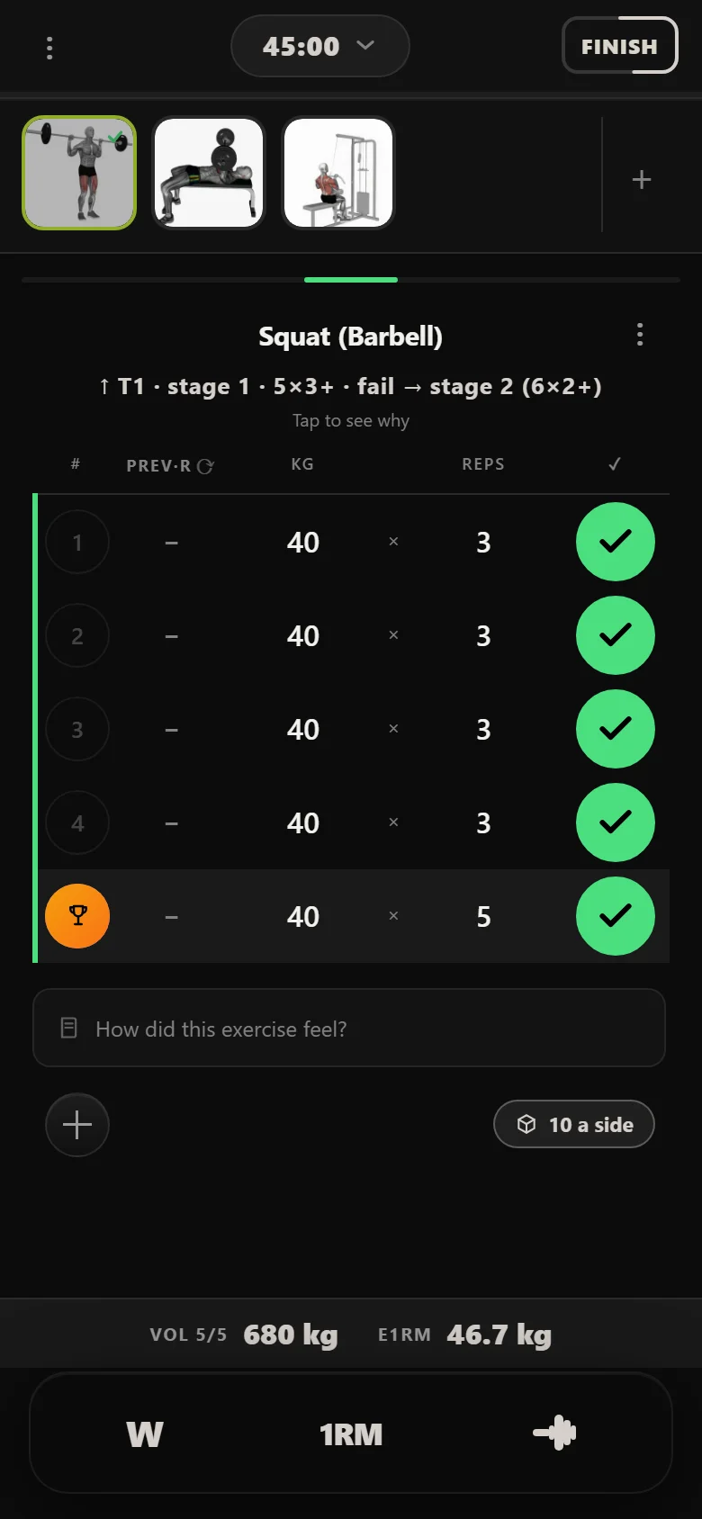 Durata logger: GZCLP T1 squat, session one, 40 kg on five sets of three